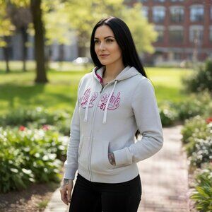 Aeropostale ✦ Heather Gray Full-Zip Hoodie ✦ Pink Embroidered Graphic w/ Trim XS